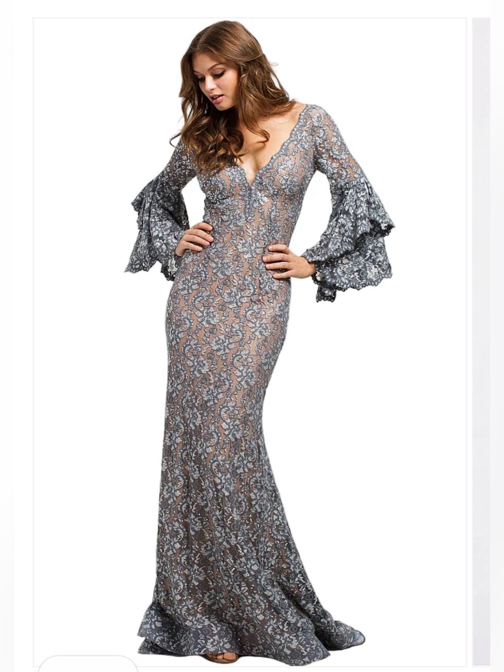 Jovani Red Lace V-Neck Gown w/ Tiered Bell Sleeves and rhinestones